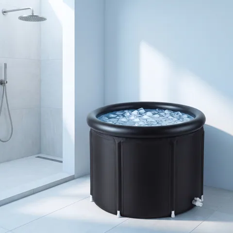 A shower head, a bathtub and the round black tub drawn as three small scenes on a pale glacier blue background, with no text