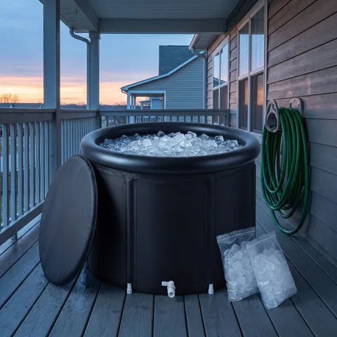 The black round Ice Bath Tub on the covered back porch of a house in the early morning, lid open, two bags of ice on the boards beside it and a garden hose on a reel against the wall.