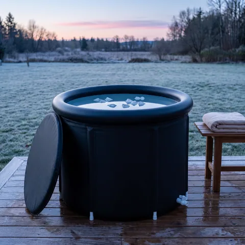 The round black ice bath tub on a cedar deck at dawn, its lid leaning against it, the blurred face of a small kitchen clock on a bench behind, frost on the lawn.