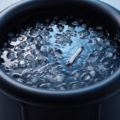 A floating thermometer on the surface of clear cold water with ice cubes, inside the black ring of the tub, seen from above, with no readable numbers.