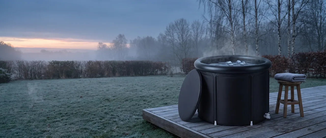 The black Ice Bath Tub on a cedar deck in a backyard at dawn, its padded lid leaning against it, mist rising from the icy water, a folded towel on a wooden stool and birch trees in the fog