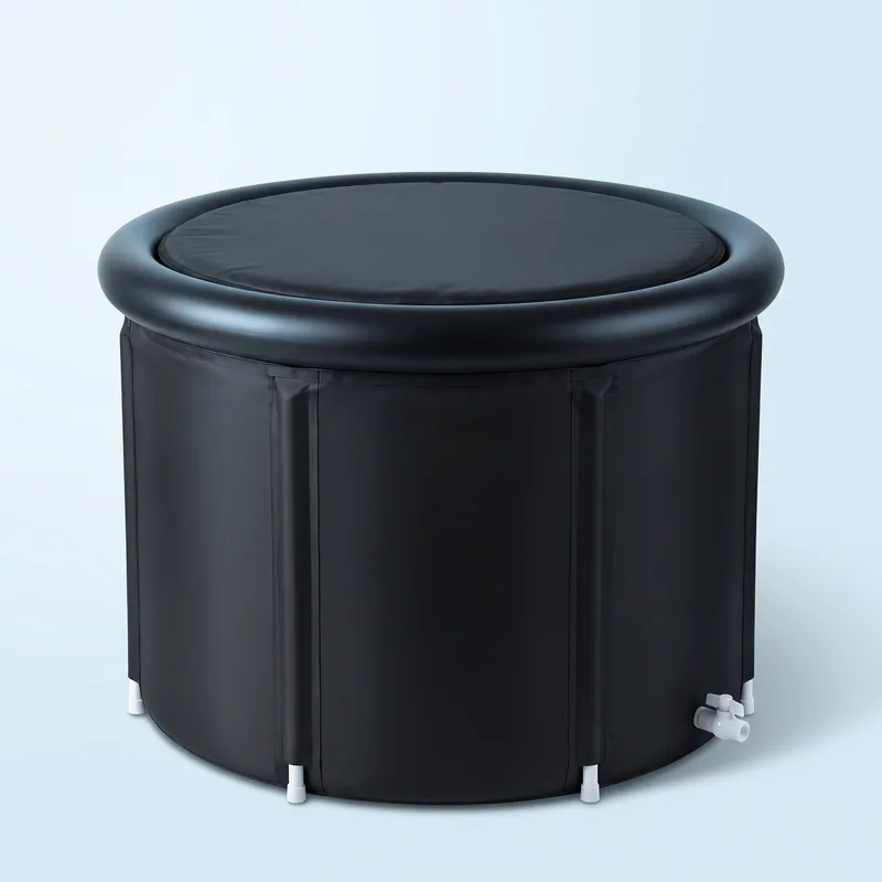 The black, round Ice Bath Tub with its insulated lid