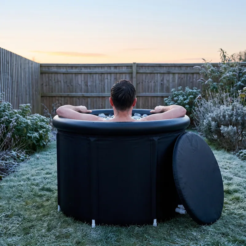 A person sitting upright in the Ice Bath Tub, water up to the shoulders