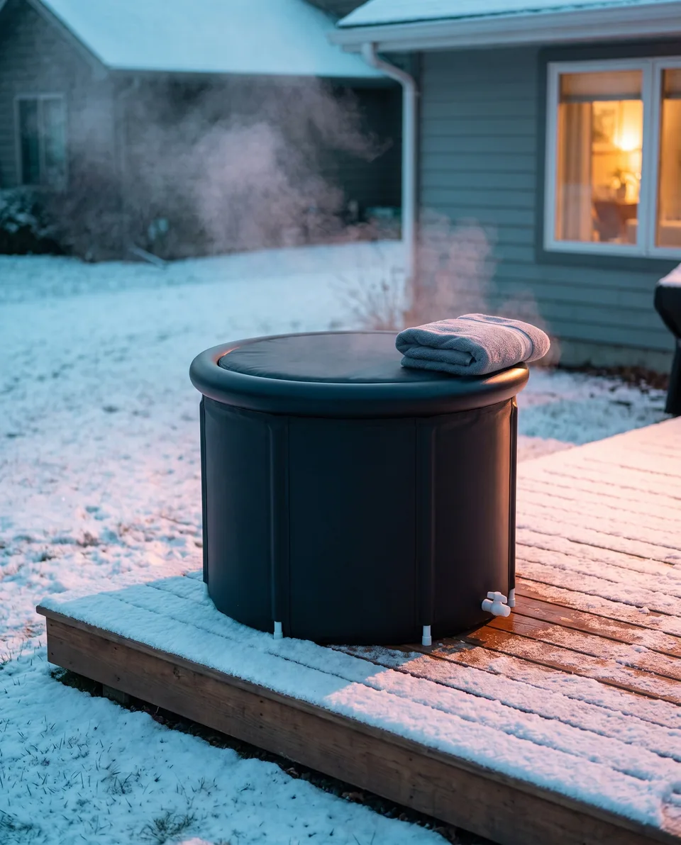The Ice Bath Tub with its lid closed and a towel on top, on a snowy deck on a winter morning at sunrise, a warm lit window behind