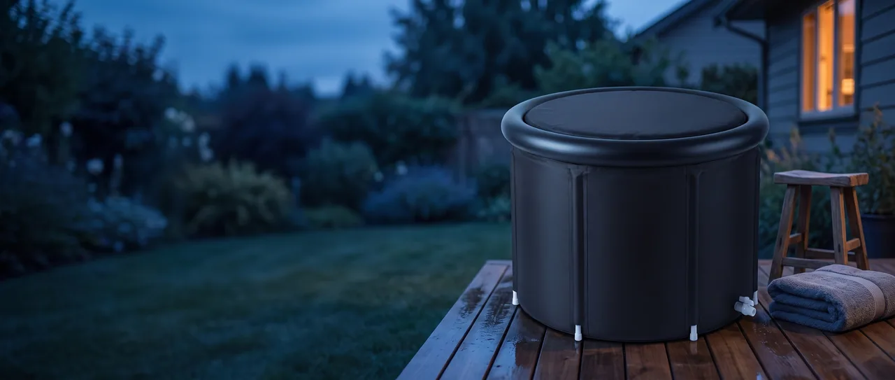 The Ice Bath Tub with its lid closed on a backyard deck at dusk, a folded towel and a stool beside it, a lit window far behind